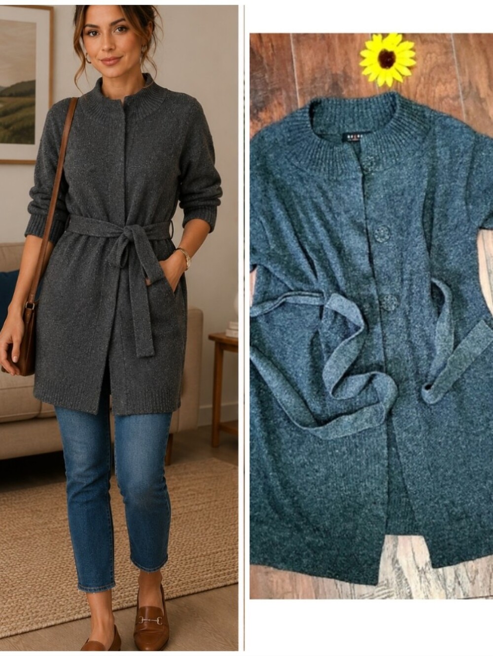 GRAY GARDIGAN WITH BELT BY LIZ CARBORNE